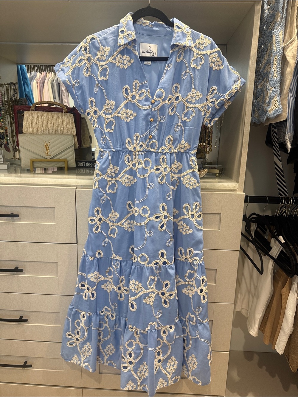 Sam Edelman Light Blue Midi Dress with Cream Embroidery